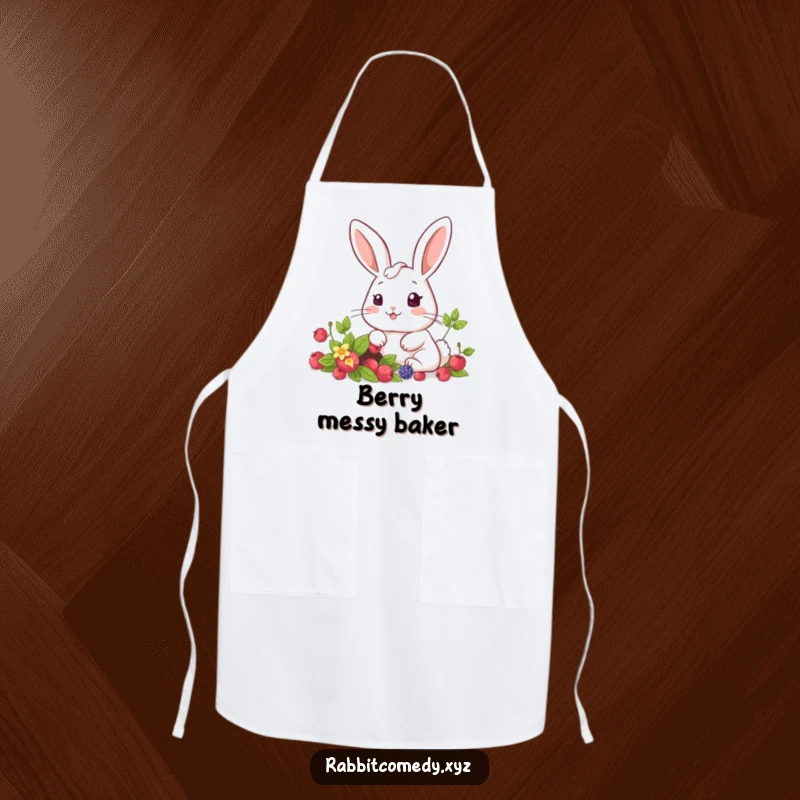Funny kawaii rabbit with a surprised look discovering a hidden patch of berries, a cute and functional kitchen apron.