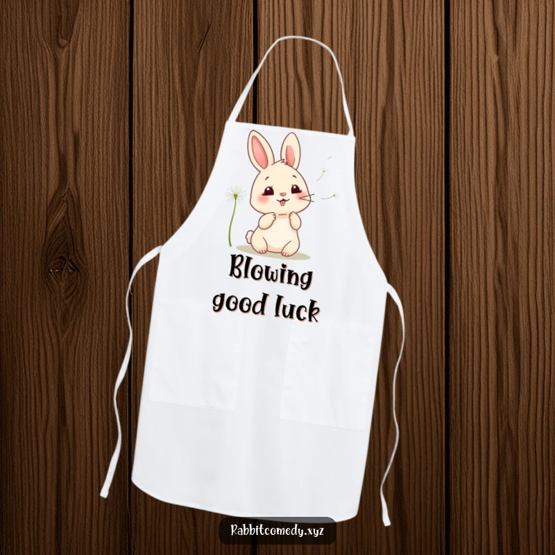 Funny kawaii rabbit apron, a whimsical character giggling while blowing dandelion seeds, ideal for a fun-loving cook.