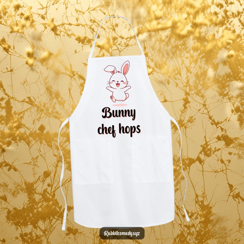 Funny apron with a cute rabbit character hopping joyfully, ears flopping, adding humor to cooking.