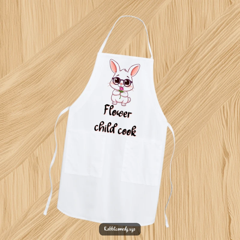 Funny apron depicting a tipsy rabbit character wobbling slightly while holding a miniature flower, adding humor to the kitchen.