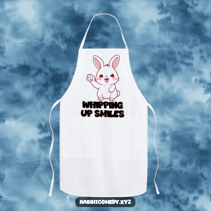 Funny Kawaii rabbit giving a big, joyful wave with its paw, bringing friendly humor to this kitchen apron.