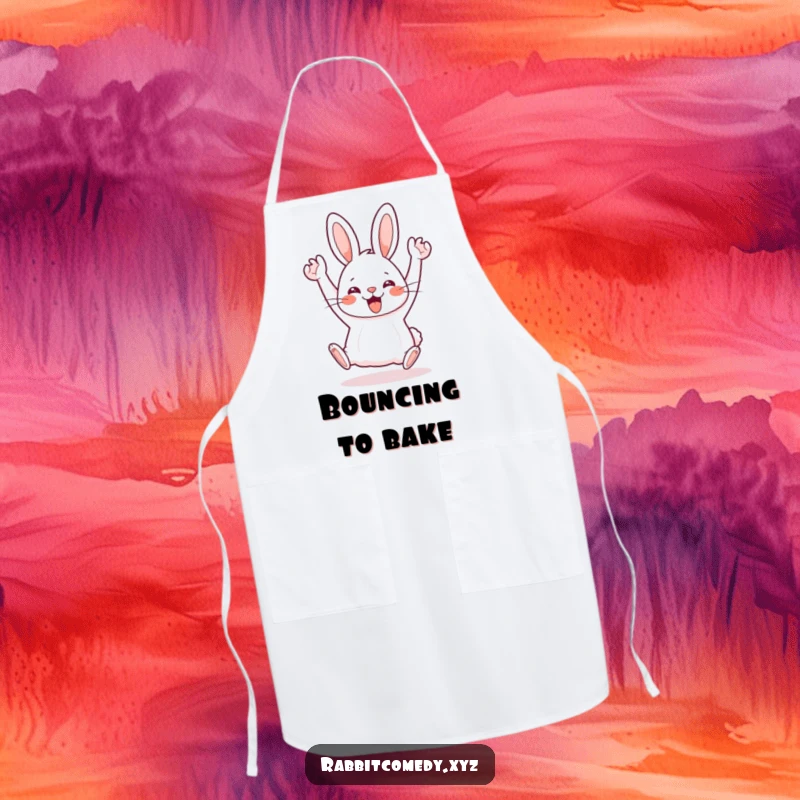 Funny Kawaii rabbit doing a silly hop with arms in the air, bringing energetic humor to this kitchen apron.