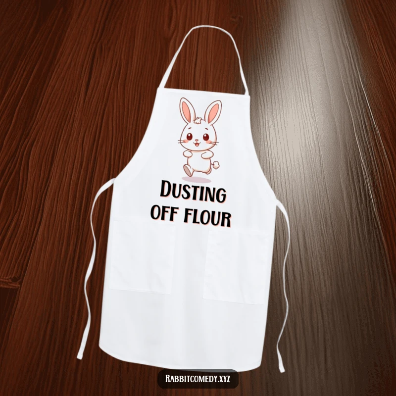 Funny happy rabbit character dashing forward, leaving a puff of dust on a humorous apron, great for chefs.