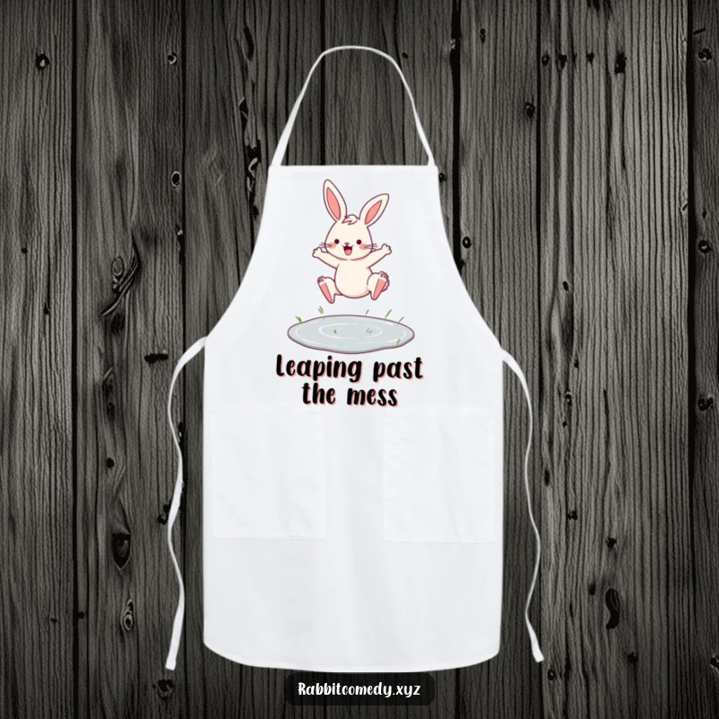 Funny apron showing a determined rabbit leaping stylishly over a small puddle, perfect for cooking and baking.