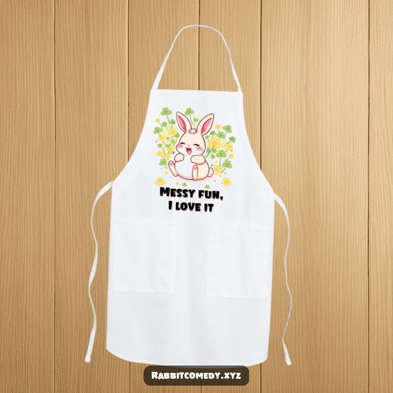 Funny giggling rabbit with belly up, rolling in clover, humorous apron for cheerful bakers.