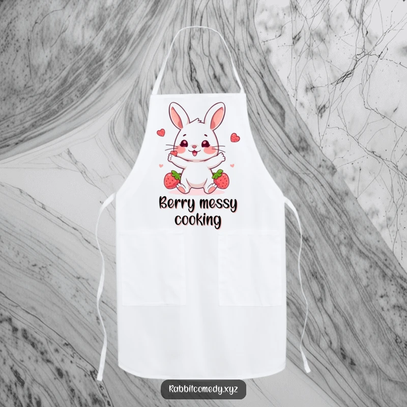 Funny cooking apron, a playful rabbit character juggling three bright berries with concentration and joy, ideal for a fun kitchen.