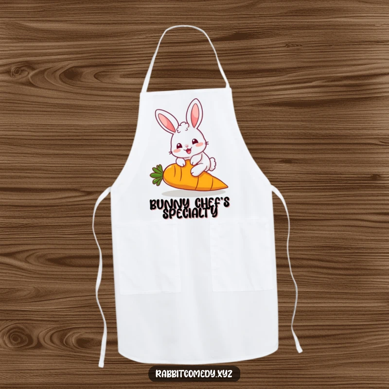 Funny Apron: A fluffy, kawaii rabbit character hops over a giant carrot, adding charm and protection in the kitchen, a funny gift.