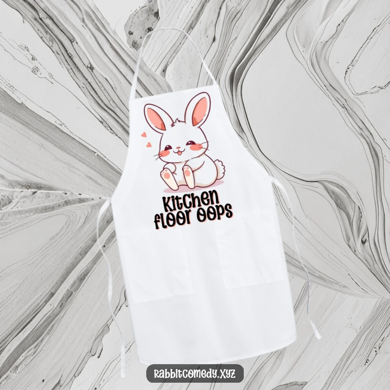 Funny Kawaii rabbit tripping comically with a blush on a kitchen apron, adding humor to cooking tasks.