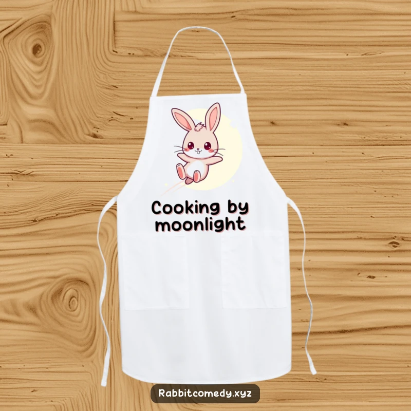 Funny Apron: A determined kawaii rabbit leaps over a moonbeam, suitable for a humorous and magical cooking experience.