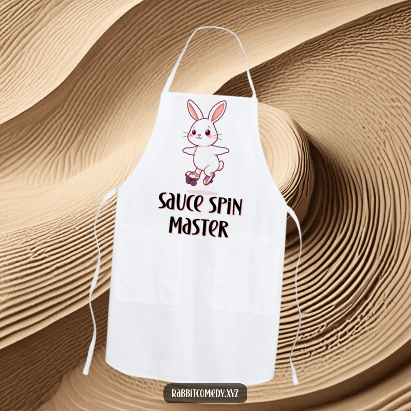 Funny Apron: A humorous apron design of a playful rabbit wearing roller skates and spinning.