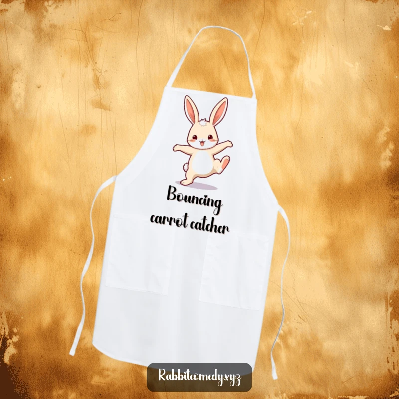 Funny Apron: A happy rabbit with floppy ears does a cartwheel, ready to handle kitchen messes with humor.
