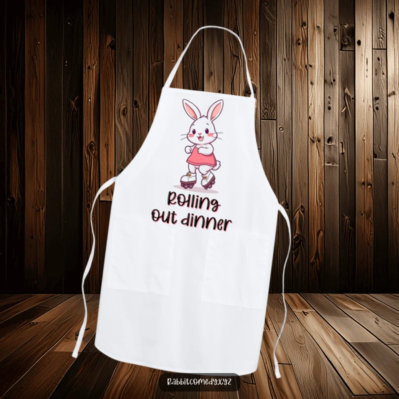 Funny Apron with a playful rabbit speeding along on roller skates, perfect for a fun and messy kitchen experience.