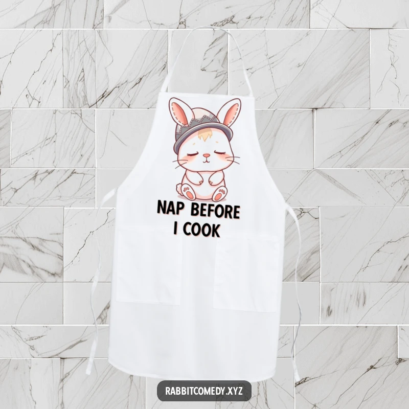 Funny apron showing a sleepy rabbit wearing a thimble as a hat, perfect for adding humor to cooking.