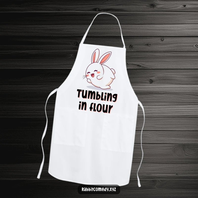 Funny round rabbit character joyfully tumbling end over end on a humorous apron, great for bakers.