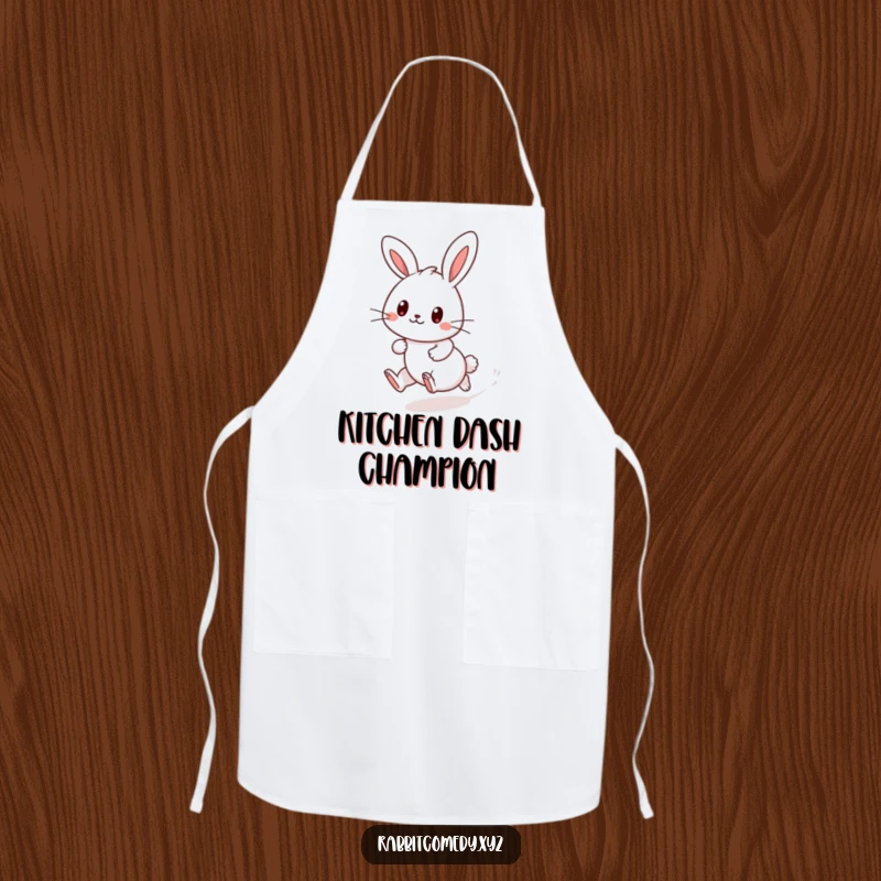 Funny Kawaii rabbit apron, in a playful dash, leaving dust, a cute design for kitchen fun and a cheerful cooking experience.