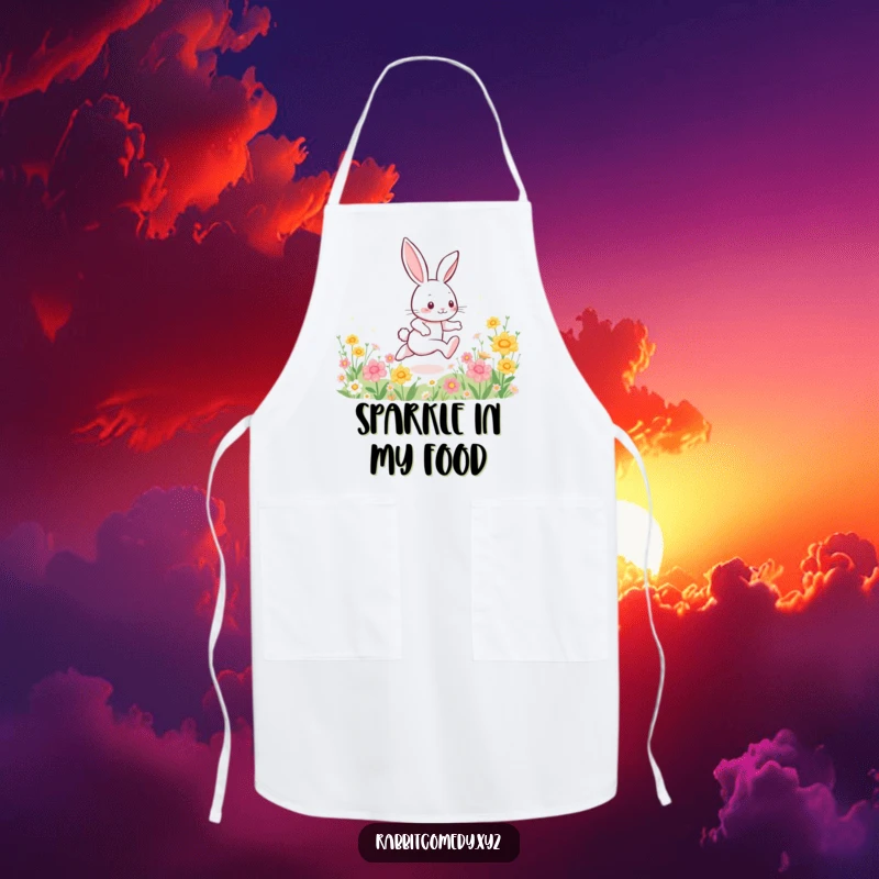 Funny cooking apron, an energetic rabbit character dashing across a field of flowers, leaving a trail of sparkles, for a fun kitchen.