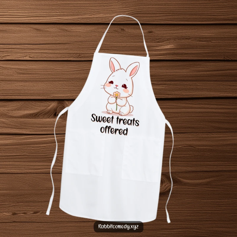 Funny shy rabbit apron, blushing and offering a flower, ready for kitchen tasks with a sweet demeanor, a fun cooking gift.