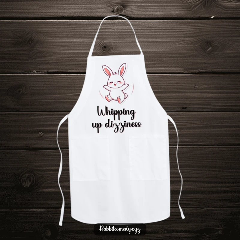 Funny Apron featuring a happy rabbit energetically spinning, eyes closed, perfect for kitchen fun and adding humor to cooking.