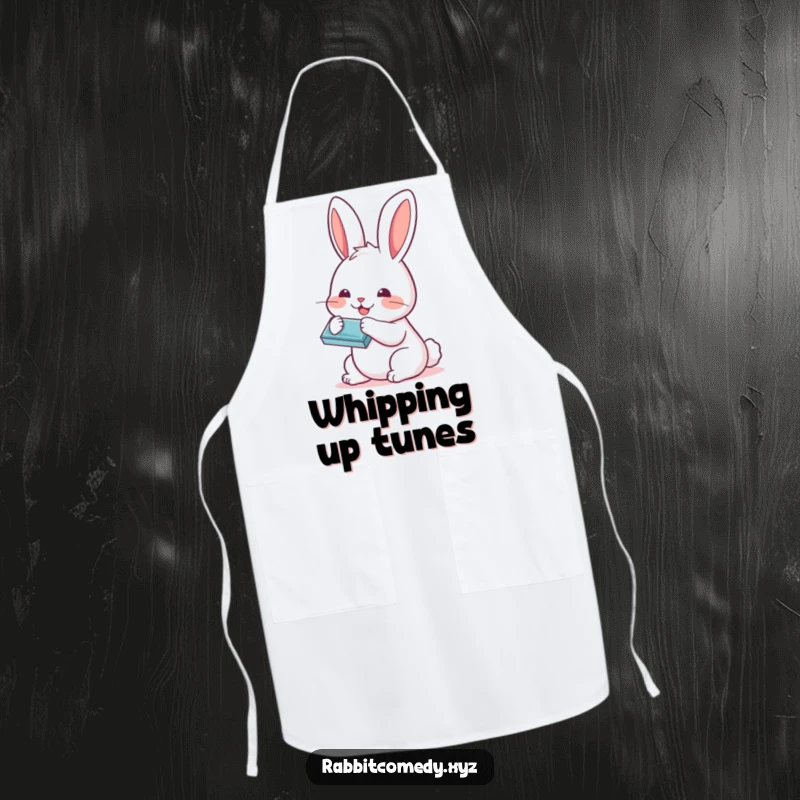 Funny Kawaii rabbit playing a tiny harmonica while cooking, featured on a practical apron for a touch of kitchen fun.