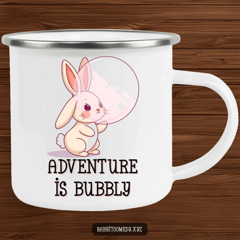 Funny camping mug with a rabbit character with floppy ears trying to catch a bubble, a humorous and practical outdoor companion.