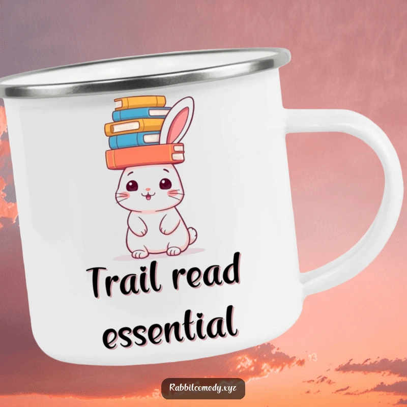 Funny rabbit camping mug, books balanced on its head, perfect for literary adventures and a touch of wit, a funny gift.