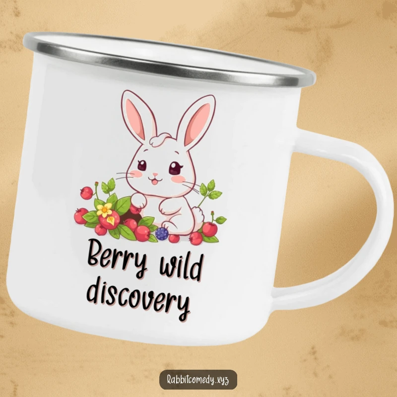 Funny kawaii rabbit looking surprised by a hidden berry patch, an adventurous and cute camping mug design.