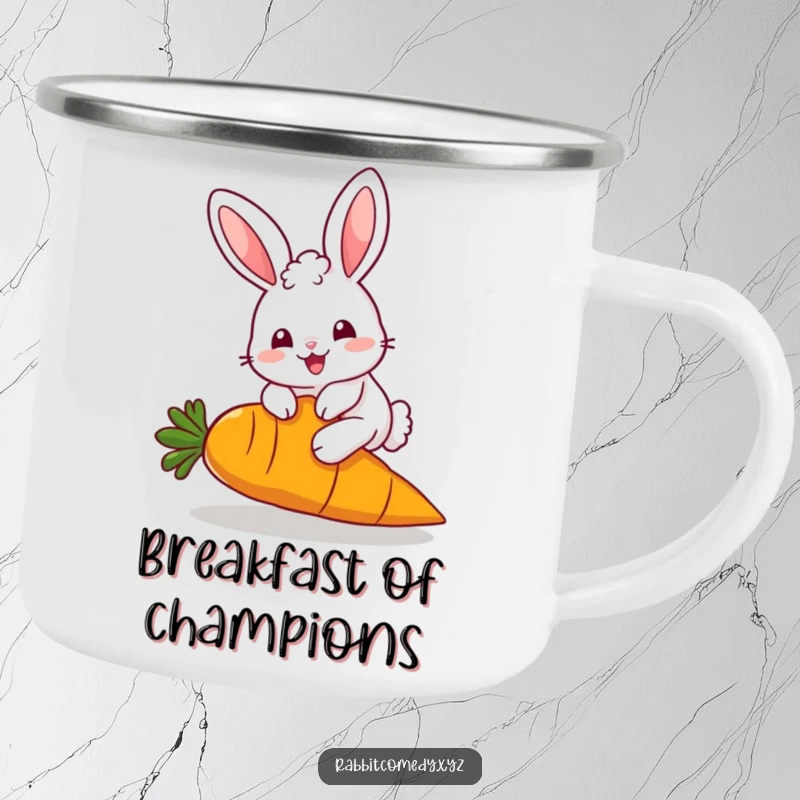 Funny Camping Mug: A fluffy, kawaii rabbit character hops over a giant carrot, ideal for outdoor charm and humor, a funny gift.
