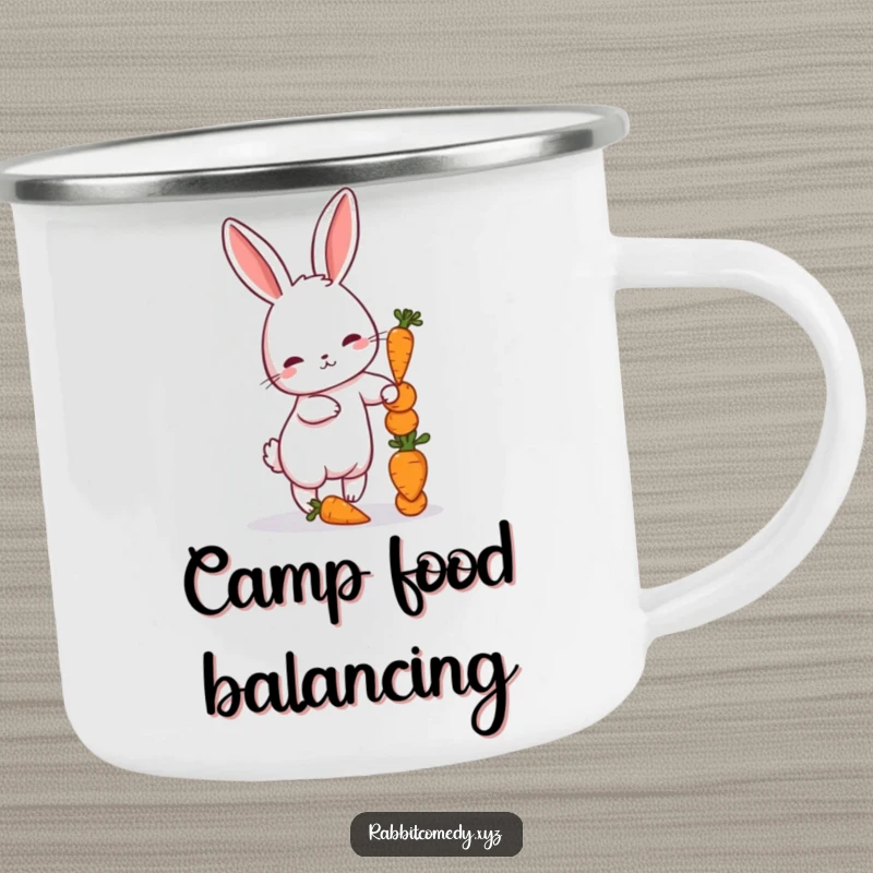 Funny camping mug featuring a petite rabbit balancing a stack of tiny carrots, built for adventure and smiles.