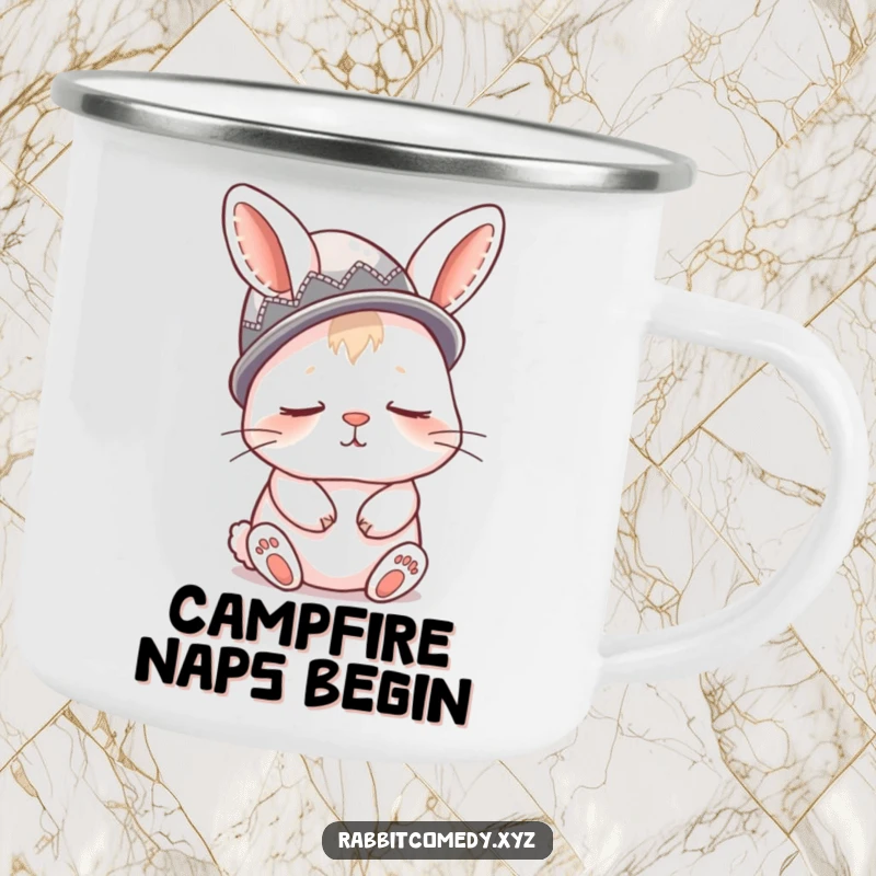Funny camping mug with a sleepy rabbit wearing a thimble hat, ready for cozy adventures and smiles.
