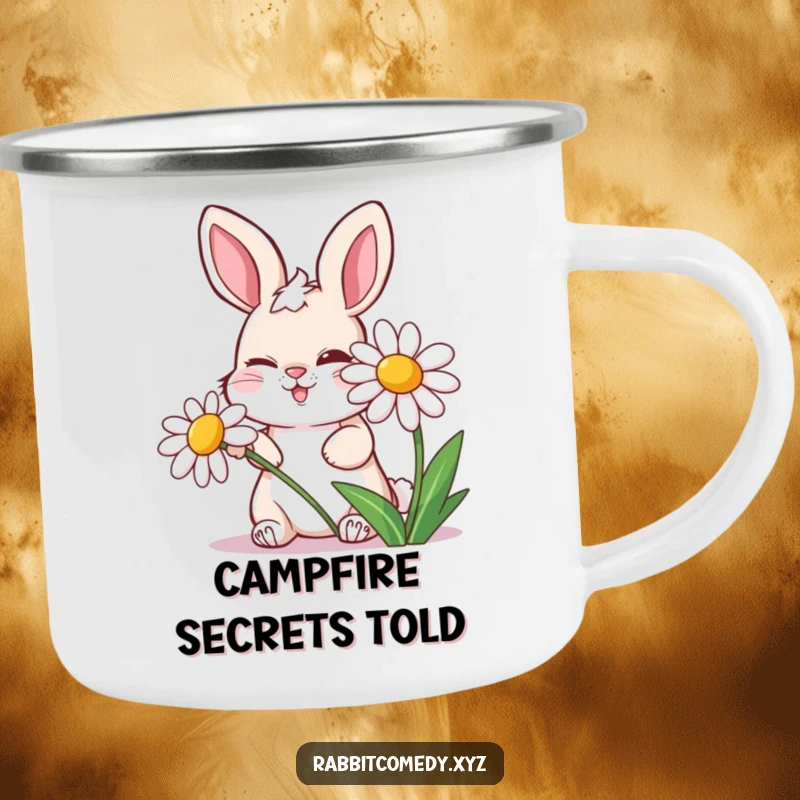 Funny camping mug with a mischievous rabbit winking behind a laughing daisy, ready for outdoor fun and smiles.