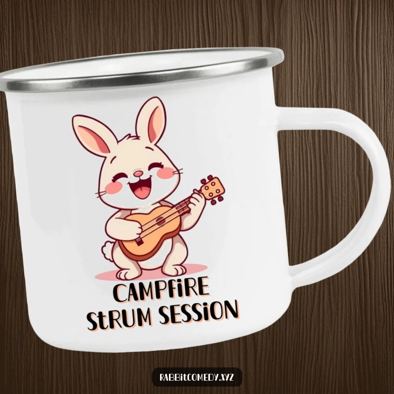 Funny camping mug featuring a happy rabbit playing a tiny ukulele with a wide, beaming smile.