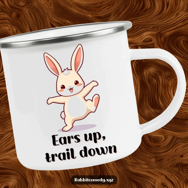 Funny Camping Mug: An enamel mug with a happy rabbit doing a cartwheel, perfect for outdoor fun.