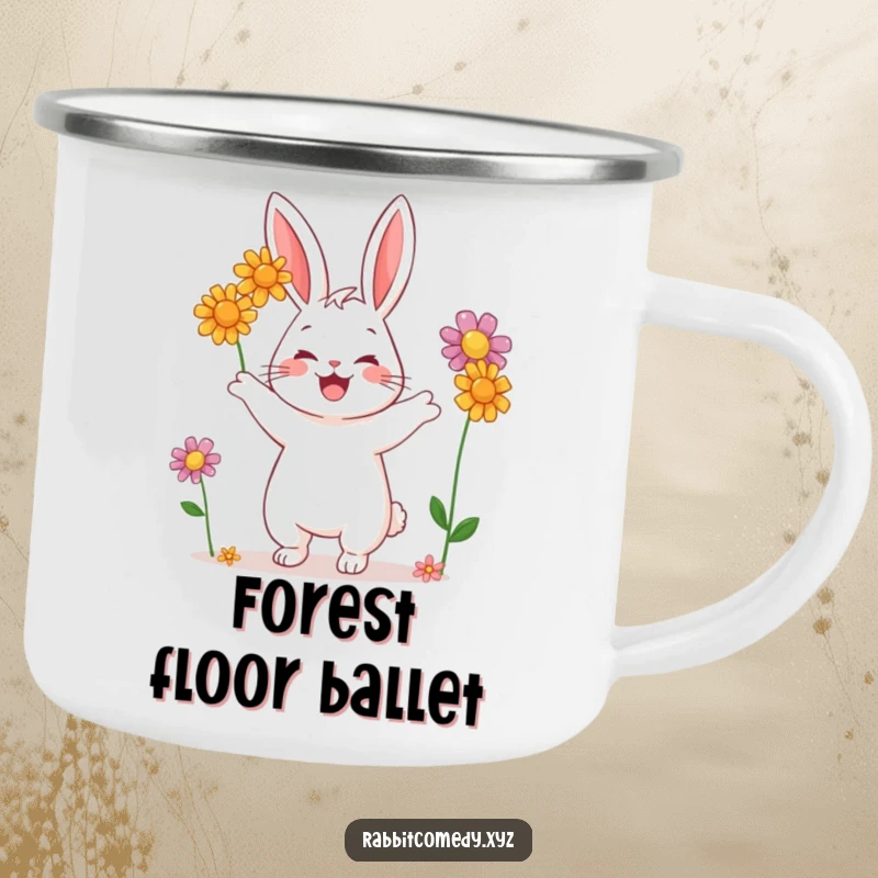 Funny camping mug with a happy rabbit character juggling three colorful wildflowers, ideal for outdoor enthusiasts.