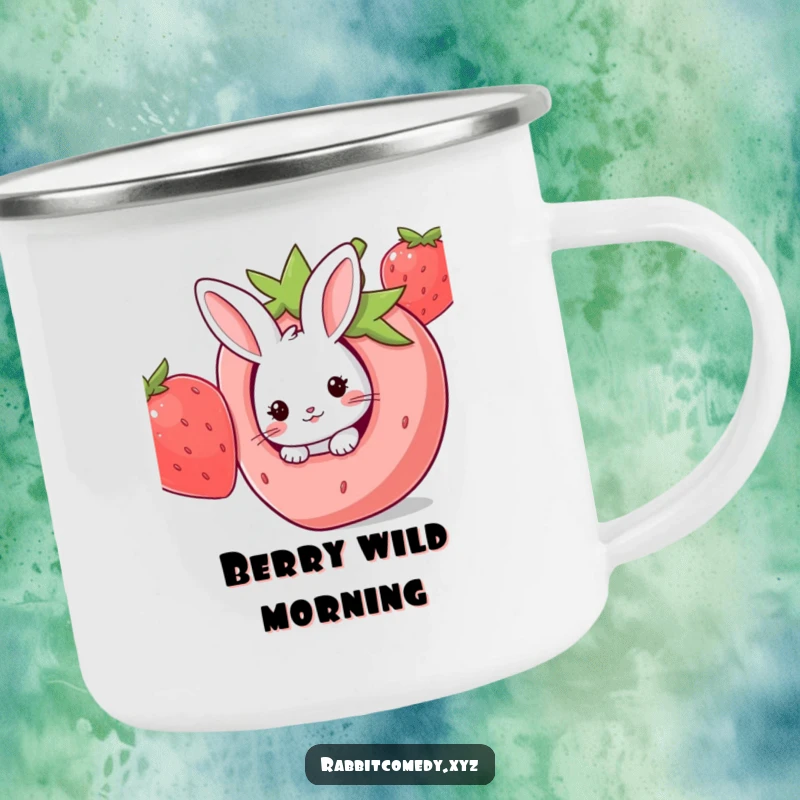 Funny Kawaii rabbit peeking from a strawberry hole, perfect for this outdoor camping mug with a sweet touch.