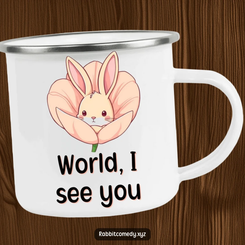 Funny camping mug with a curious rabbit peeking from a flower bud, designed for adventure and a good laugh.