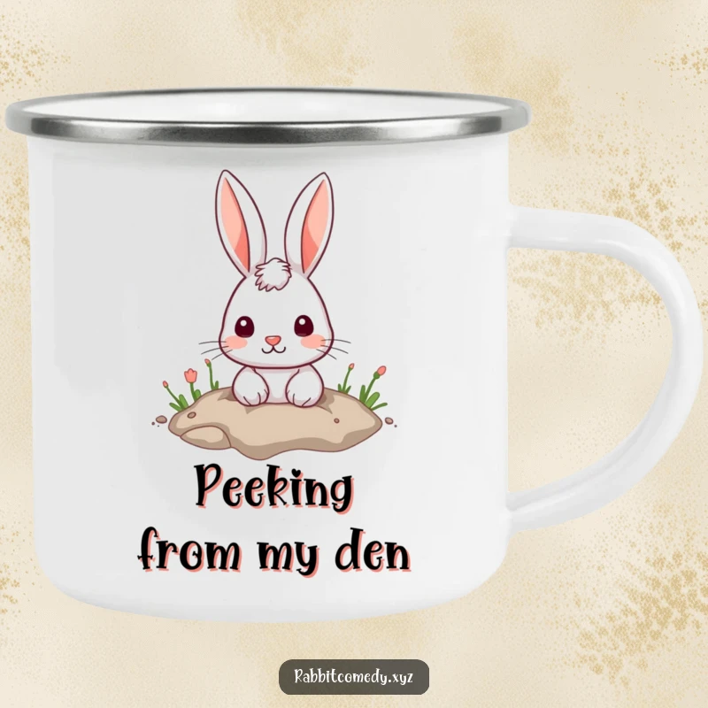 Funny Camping Mug: An enamel mug with a cute rabbit peeking out from a hole in the ground.