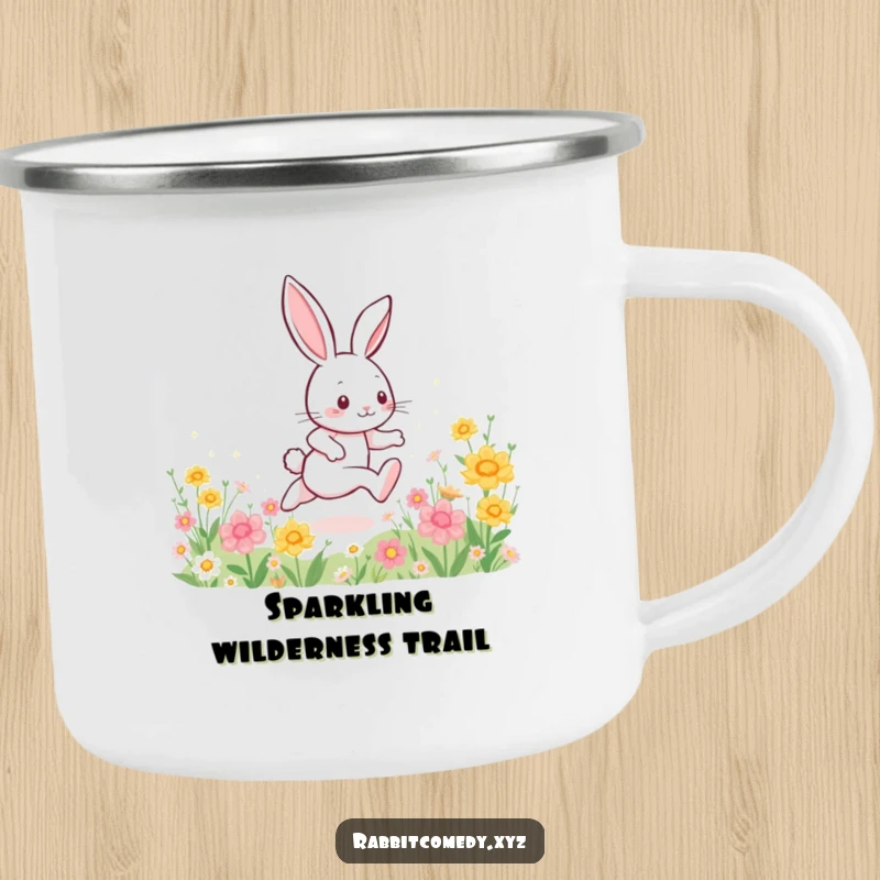Funny enamel camping mug, an energetic rabbit character dashing across a flower field, leaving a trail of sparkles, for outdoor excitement.
