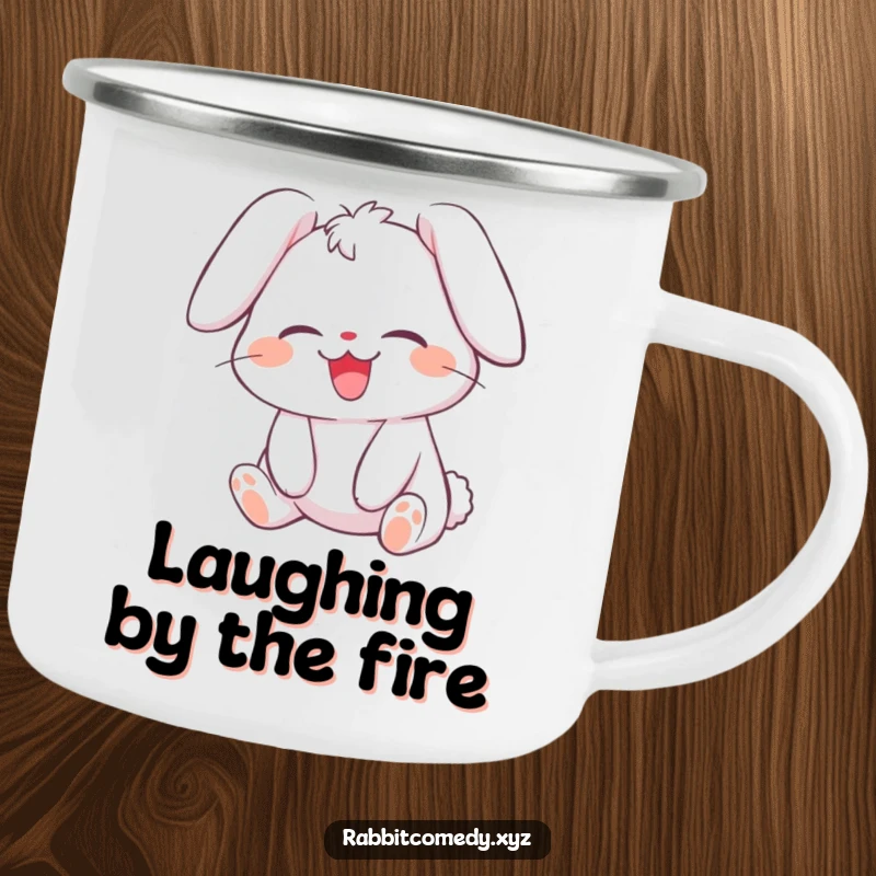 Funny camping mug with a giggling rabbit character rolling with laughter, its ears flopped over, ideal for outdoor enthusiasts who love to smile.