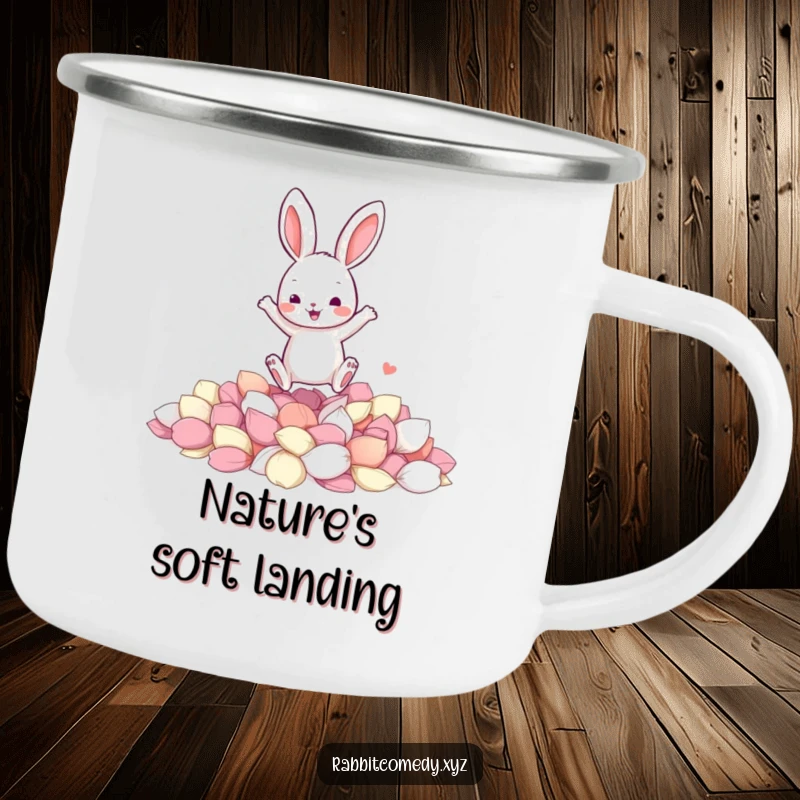 Funny camping mug depicting a jumping rabbit character joyfully landing in a soft pile of colorful flower petals, ready for adventure.