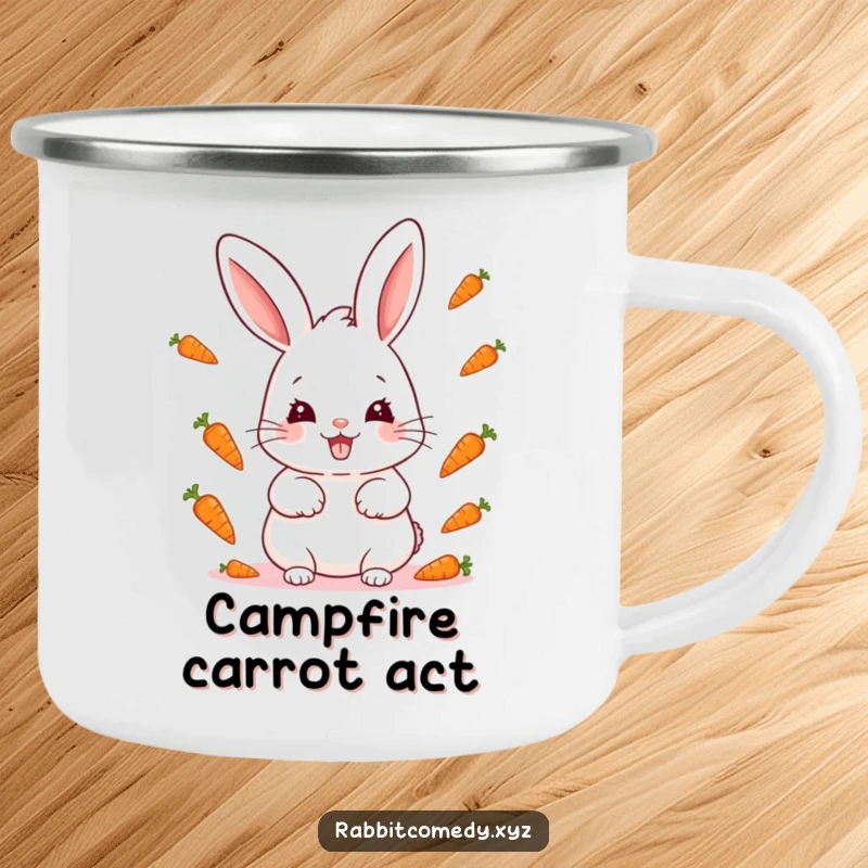 Funny kawaii rabbit with a mischievous grin juggling miniature carrots, an adventurous and cute camping mug design.