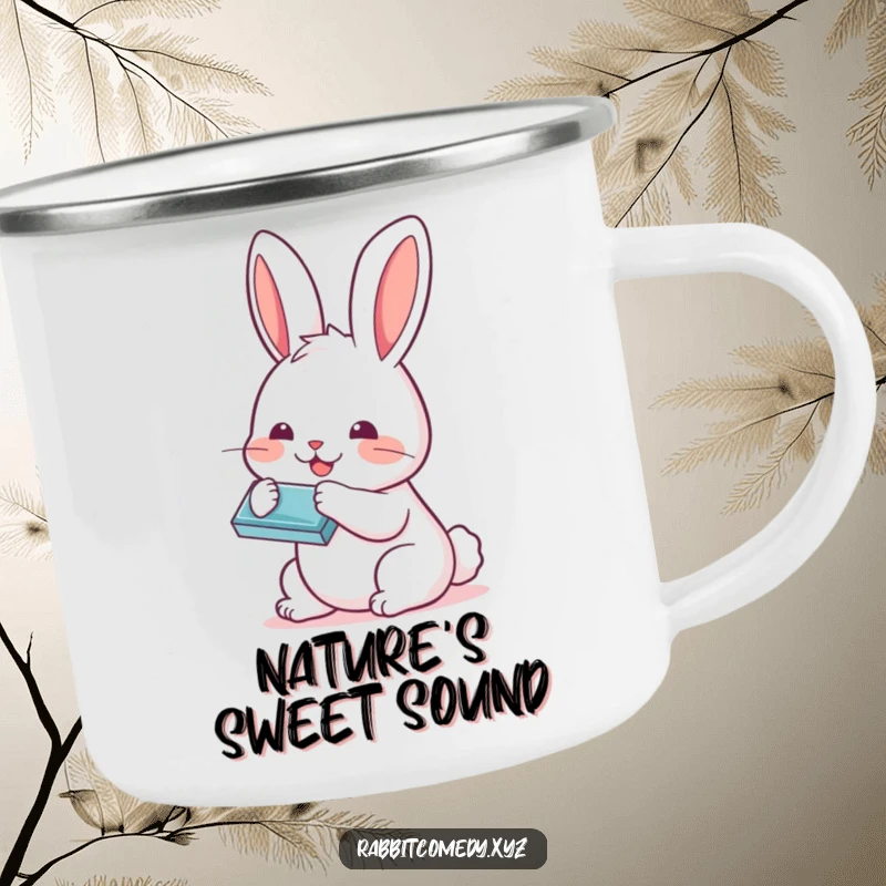 Funny Kawaii rabbit playing a tiny harmonica on a rugged camping mug, ready for outdoor adventures and campfire songs.