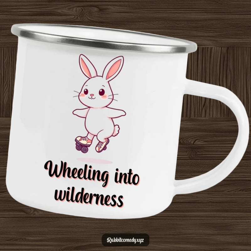 Funny Camping Mug: An enamel mug with a playful rabbit on roller skates, spinning joyfully.