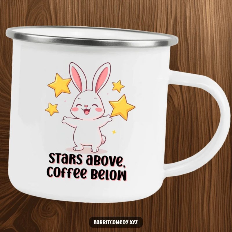 Funny camping mug featuring a cheerful rabbit juggling oversized, sparkly stars, perfect for outdoor enjoyment.