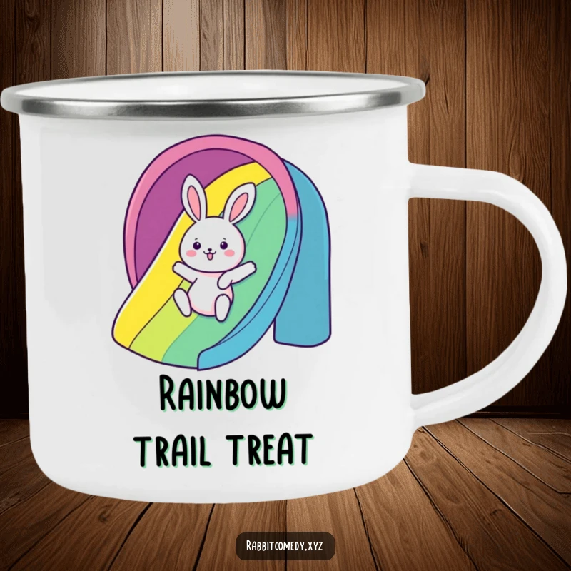 Funny Camping Mug: A kawaii rabbit gleefully slides down a rainbow, ideal for humorous outdoor fun and adventures.