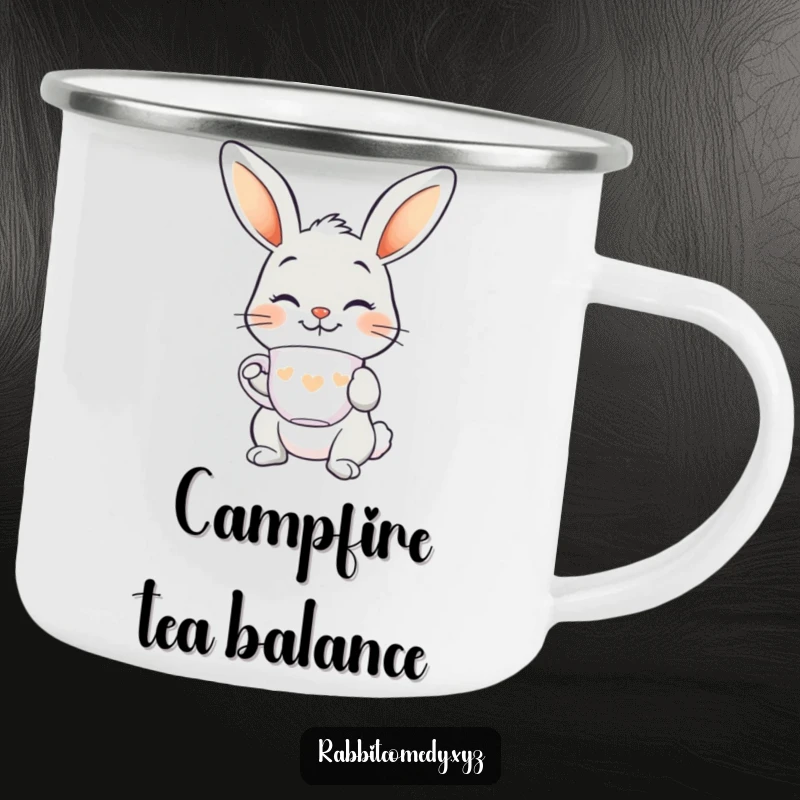 Funny smiling rabbit camping mug, balancing a teacup on its nose, elegant and humorous for outdoor enjoyment.