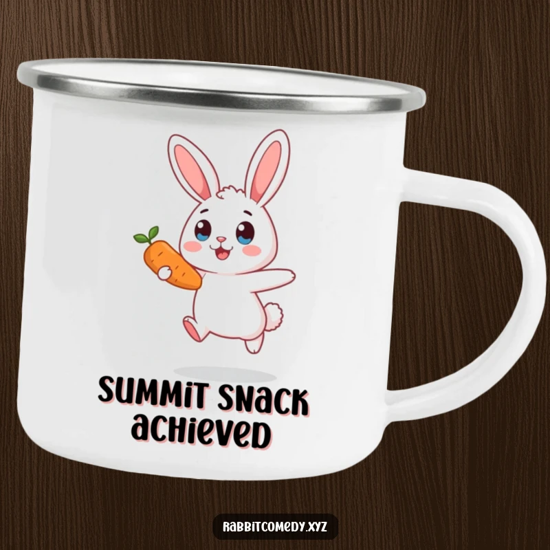 Funny surprised rabbit camping mug, mid-air, eyes wide, reaching for a carrot, perfect for outdoor fun and a comical touch.