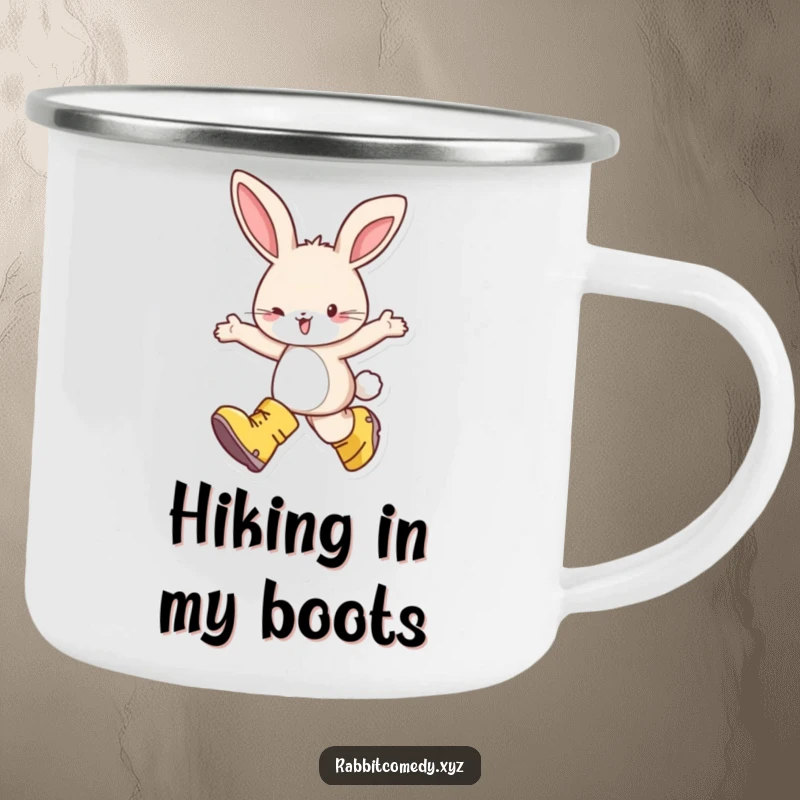 Funny camping mug featuring a happy rabbit in oversized boots, skipping with delight, ready for outdoor adventures with a touch of pure joy.