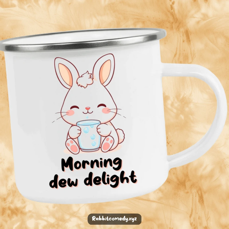 Funny cute kawaii rabbit camping mug, showing a content bunny with a smile drinking a dewdrop, perfect for peaceful outdoor hydration.