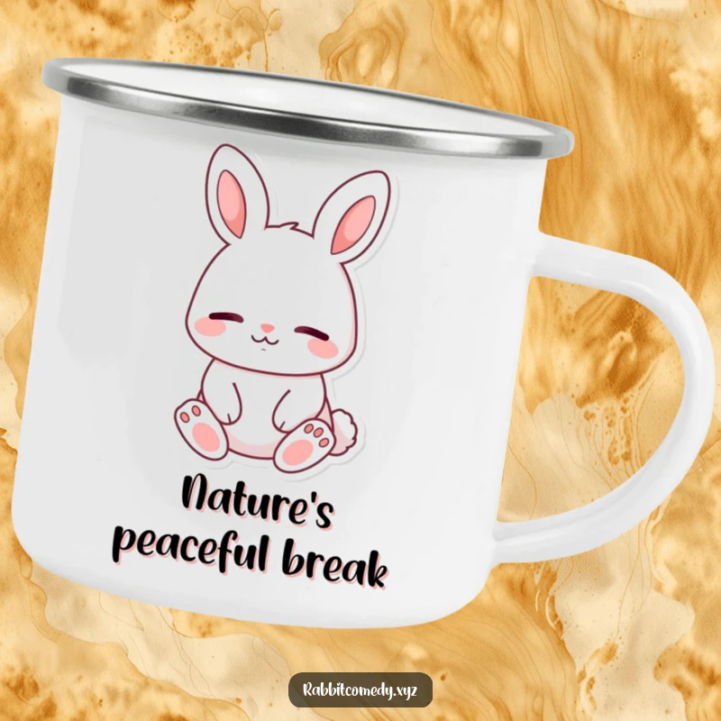 Funny enamel camping mug, a content rabbit character sitting peacefully with closed eyes and a calm smile, for serene outdoor moments.