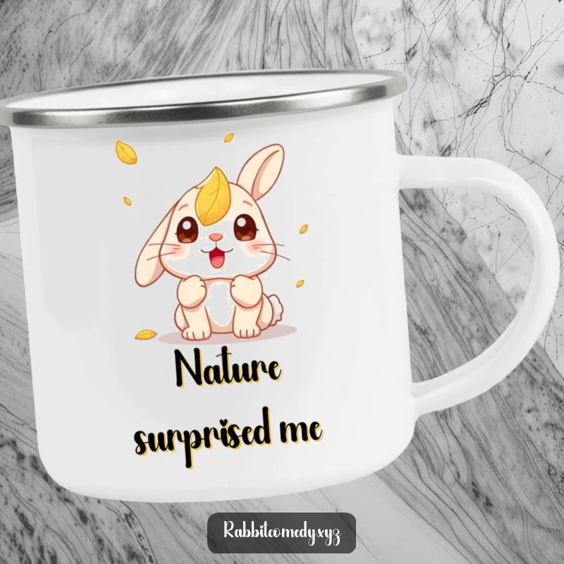 Funny Kawaii Rabbit Camping Mug: Sturdy mug showing a rabbit with wide, surprised eyes watching a leaf fall.